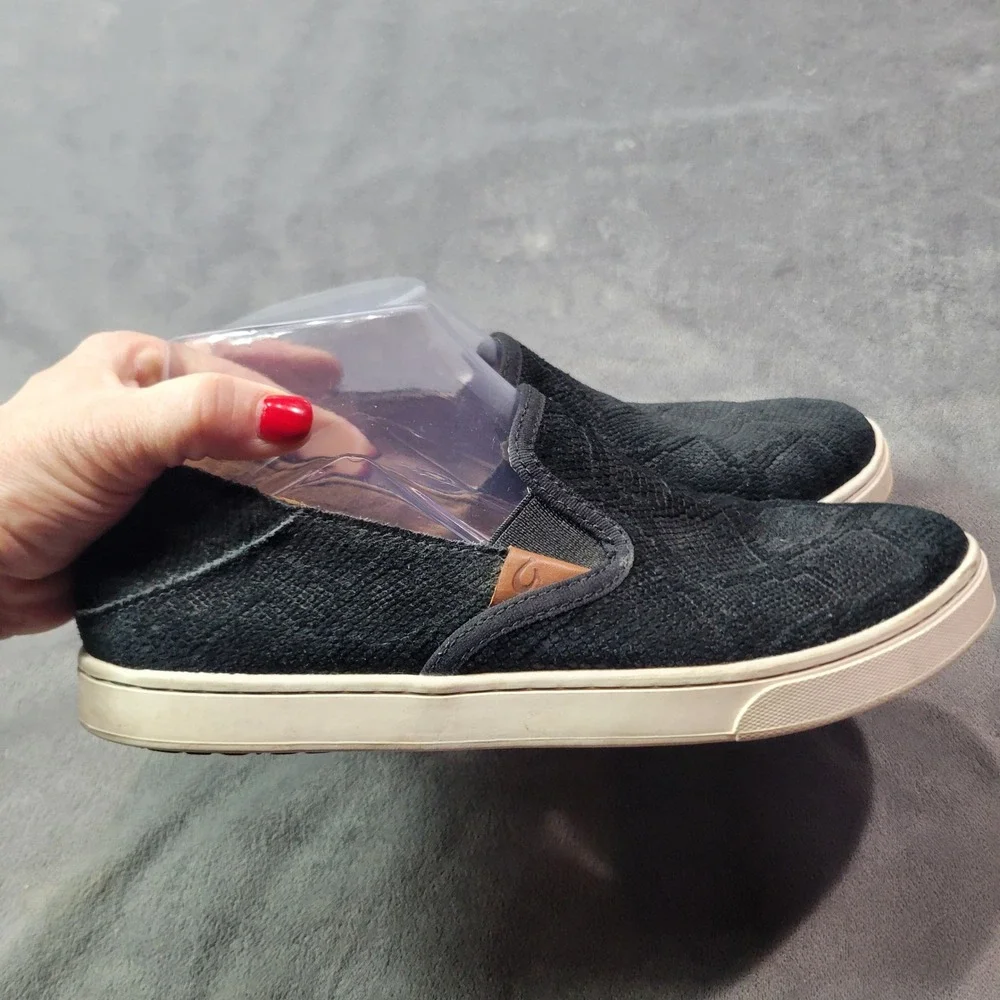 Olukai Pehuea Black Textured‎ Suede Slip On Sneakers Drop In Heel Womens